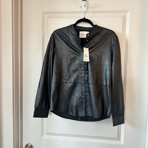 NEW Leon & Harper Designer Black 100% Lambs Leather Ruffle Snap Button Shirt, M - Picture 8 of 10